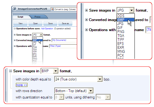 Convert <in /> to BMP. Avaible settings for BMP file format.