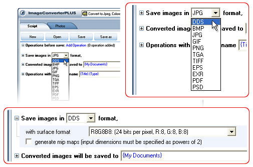 Convert PNG  to DDS. Avaible settings for DDS file format.