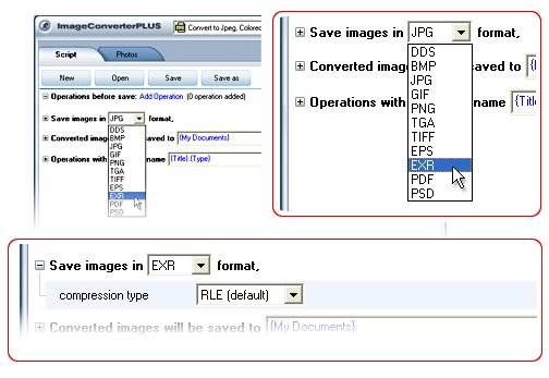Convert JPG  to EXR. Avaible settings forEXR file format.