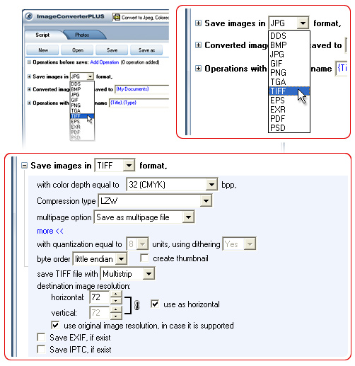 Convert CR2 to TIFF. Avaible settings for TIFF file format.